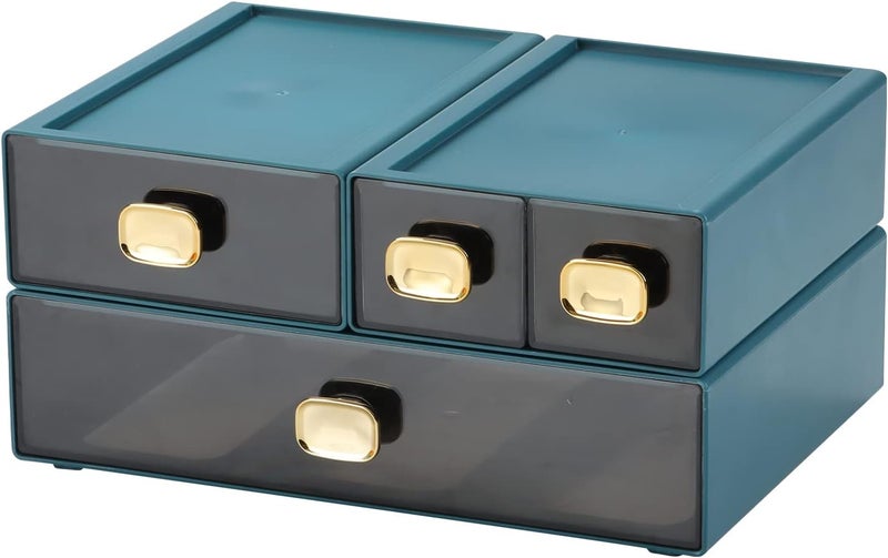 OSteed Spacious Desktop Storage Box, 1 Large 1 Middle & 2 Small Storage Drawers, Stackable Office Desk Drawer Organizer and Accessories, Printer Paper Organizer, Blue Plastic Drawers for Workspace - Image 1